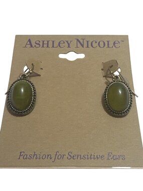 Ashley Nicole Earrings Green Dangling Oval Stones For Sensitive Ears New